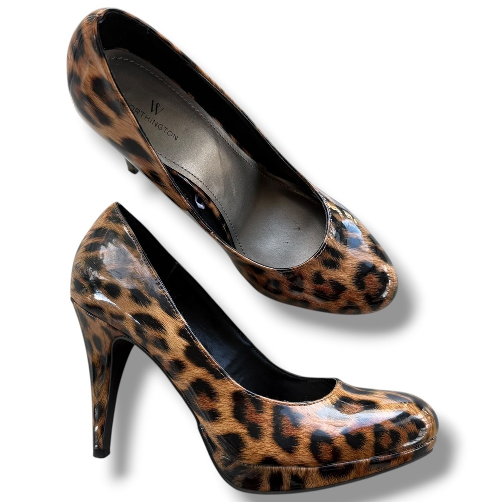 Worthington Women 9M Brown Animal Print Jean Leopard Patent Platform Pumps Heels